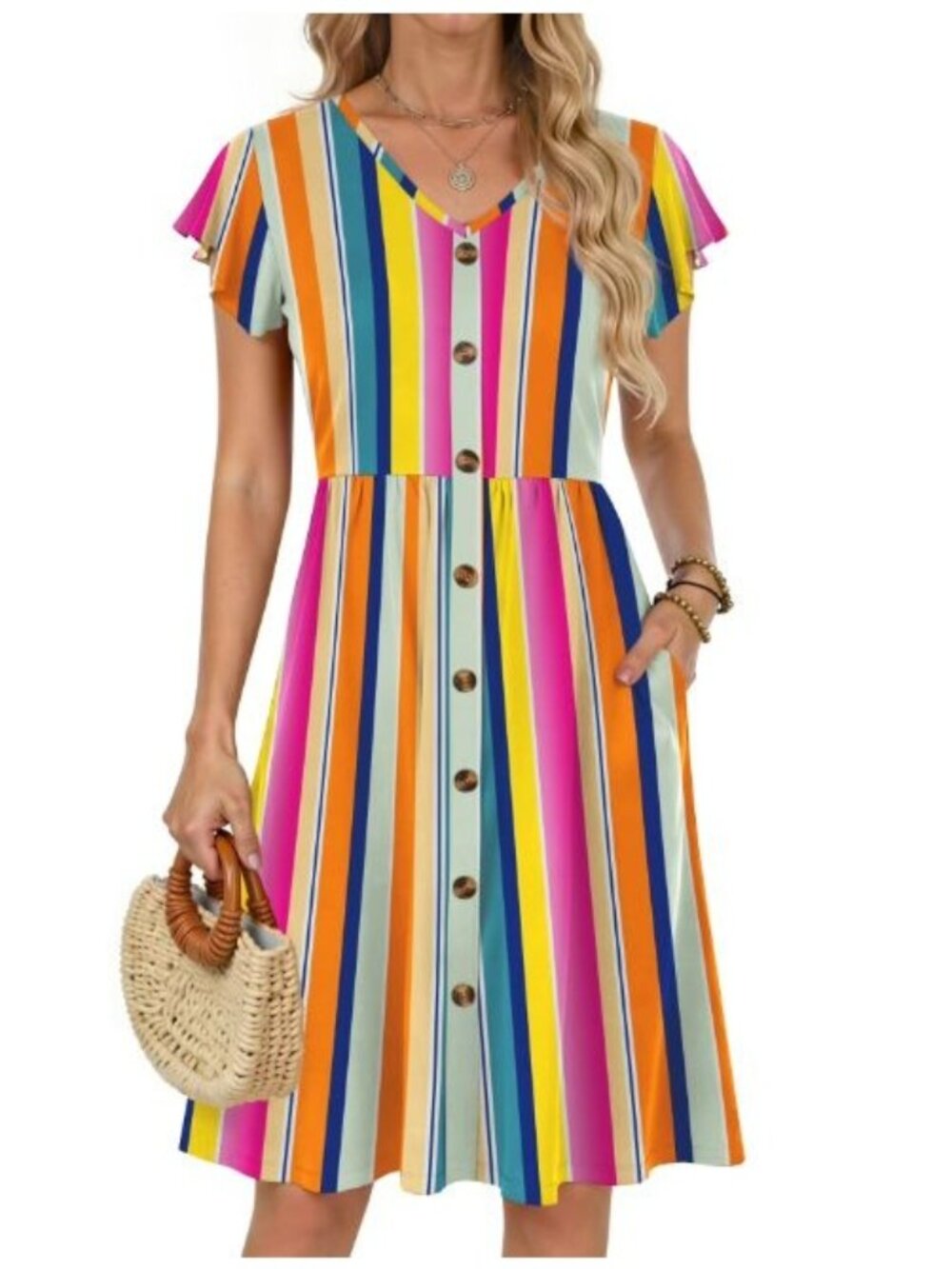 Women’s L Colorful Stripe Midi Dress Button Front Flutter Sleeve Rainbow